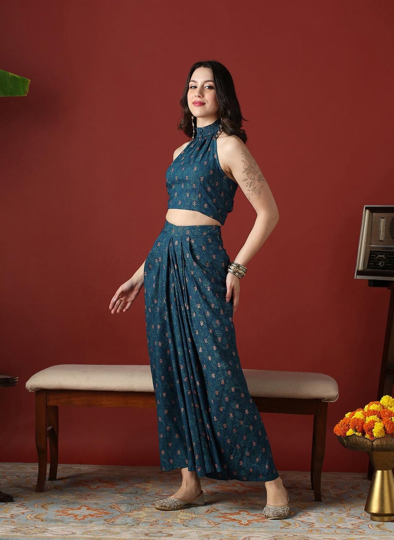 Globus Women Navy Blue Floral Print Smock Detail Halter Neck Crop Top With Pleated Maxi Skirt Fusion Co-Ord Set - Image 3